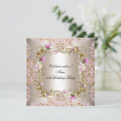 Roze Cream Damask Gold Flowers Birthday Party Kaart (Staand voorkant)