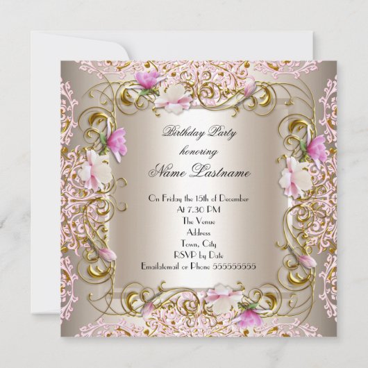 Roze Cream Damask Gold Flowers Birthday Party Kaart (Achterkant)