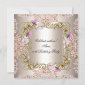 Roze Cream Damask Gold Flowers Birthday Party Kaart (Voorkant)