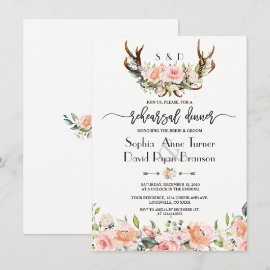Roze Cream Floral Antlers Rehearings Dinner Kaart (Voorkant / Achterkant)
