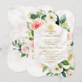 Roze Cream Flowers Lijst Marmer Heilige Communie Kaart (Voorkant / Achterkant)