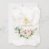 Roze Cream Flowers Lijst Marmer Heilige Communie Kaart (Achterkant)
