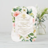 Roze Cream Flowers Lijst Marmer Heilige Communie Kaart (Staand voorkant)