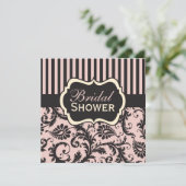 Roze, Cream, Grey Damask Bridal Shower Invitation Kaart (Staand voorkant)