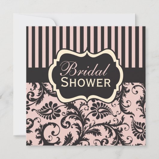 Roze, Cream, Grey Damask Bridal Shower Invitation Kaart (Voorkant)