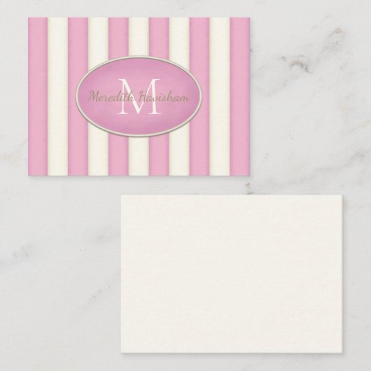 Roze & Cream Stripes Ovaal ingelijst Monogram Cust Notitiekaartje (Voorkant / Achterkant)