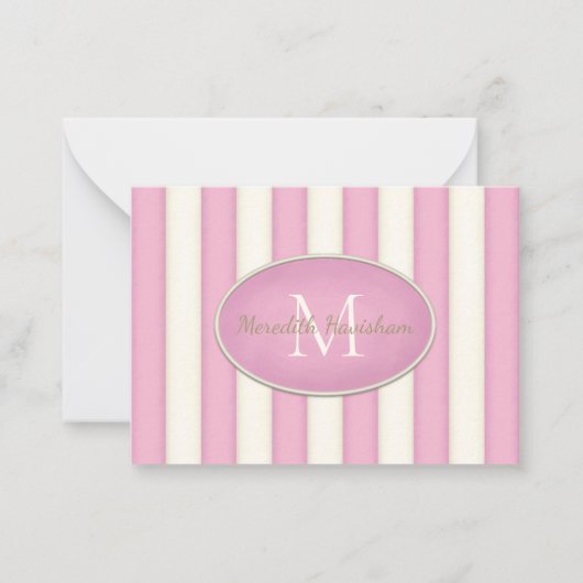 Roze & Cream Stripes Ovaal ingelijst Monogram Cust Notitiekaartje (Voorkant)