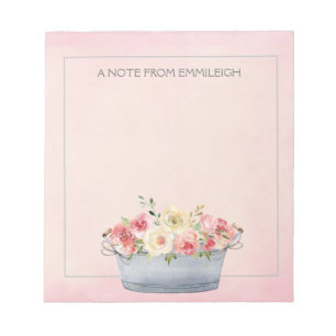 Roze Crème Aquarel Bloemen Metalen Emmer Notitiebl Notitieblok