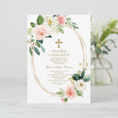 Roze Crème Bloem Ovaal Lijst Eerste Heilige Commun Kaart (Staand voorkant)