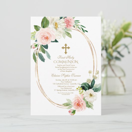 Roze Crème Bloem Ovaal Lijst Eerste Heilige Commun Kaart (Staand voorkant)