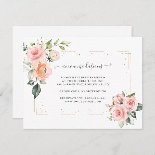 Roze Crème Bloemen Gouden Trouw Accommodaties Informatiekaartje (Voorkant / Achterkant)