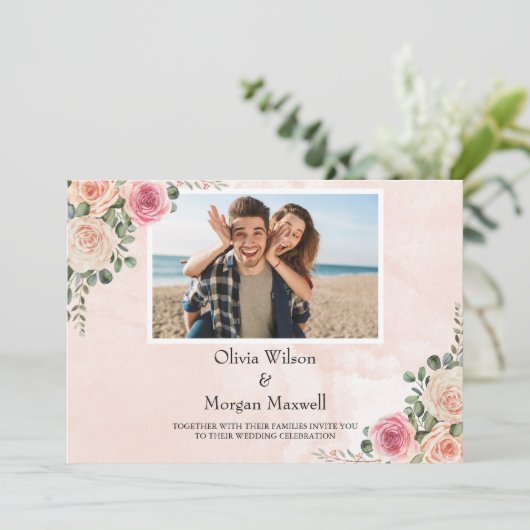  Roze Crème Bloemen Trouwen Save the Date Kaart (Staand voorkant)