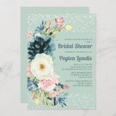 Roze Crème Bloemenglamour Neo Mint Bruidsfeest Kaart (Voorkant / Achterkant)