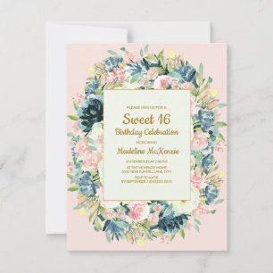 Roze Crème Bloemige Botanische Sweet 16 Kaart