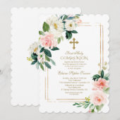 Roze Crème Bloemige Geometrische Eerste Heilige Co Kaart (Voorkant / Achterkant)