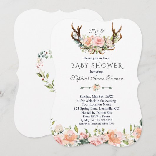 Roze Crème Bloemige Geweien Baby Shower Kaart (Voorkant / Achterkant)