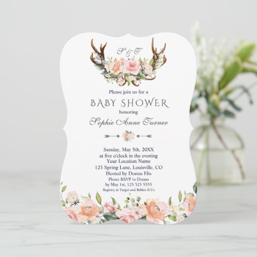 Roze Crème Bloemige Geweien Baby Shower Kaart (Staand voorkant)