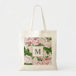 Roze Crème Bloemige Monogram Beginletter Tote Bag