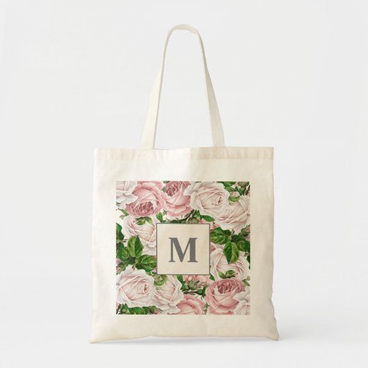 Roze Crème Bloemige Monogram Beginletter Tote Bag (Voorkant)