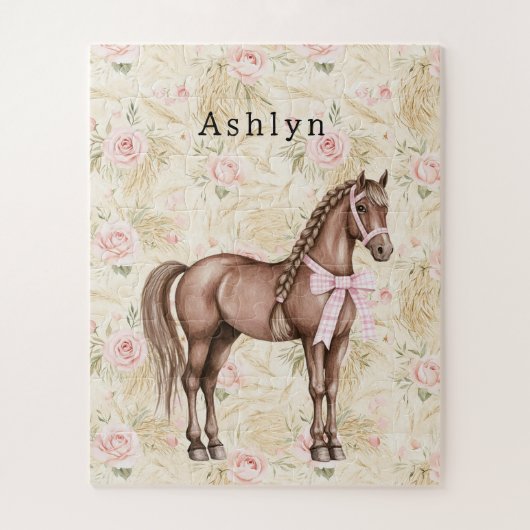Roze Crème Bloemige Paard Legpuzzel (Verticaal)