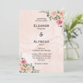 Roze Crème Bloemige Vintage Trouw Uitnodiging (Staand voorkant)