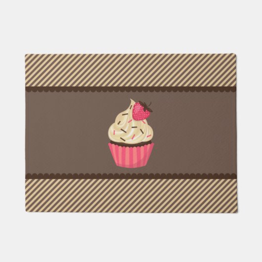 Roze crème bruine strepen aardbei cupcake deurmat (Voorkant)