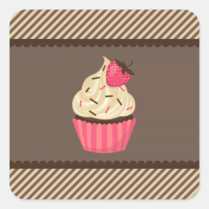 Roze crème bruine strepen aardbei cupcake vierkante sticker
