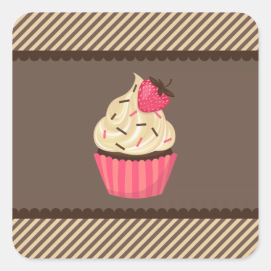 Roze crème bruine strepen aardbei cupcake vierkante sticker (Voorkant)
