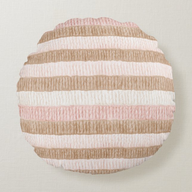 Roze Crème Bruine Strepen Rond Kussen (Voorkant)
