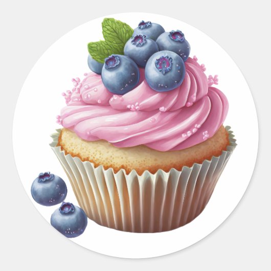 Roze crème cupcake met bessen verjaardag ronde sticker (Voorkant)