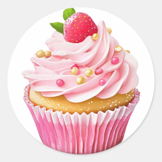 Roze crème cupcake met bessen verjaardag ronde sticker (Voorkant)