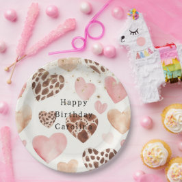 Roze Crème Dieren Hartjes Gouden Glitter Verjaarda Papieren Bordje