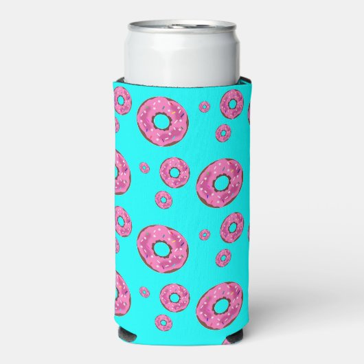 Roze crème donuts patroon blauw seltzer blikjeskoeler (Seltzer Voorkant)