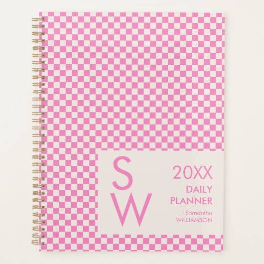 Roze Crème Geruite Monogram Persoonlijk Planner (Voorkant)