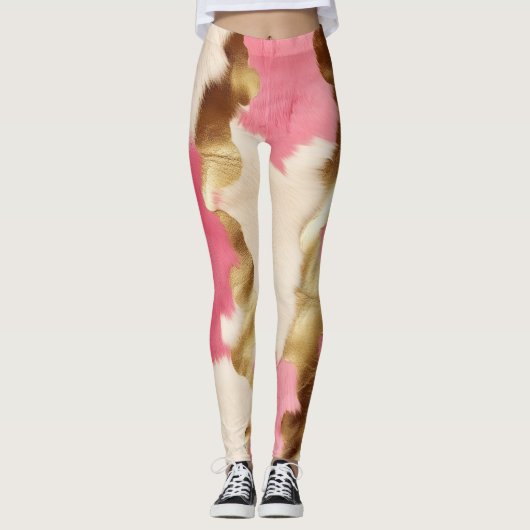 Roze Crème Goud Koeienhuid Leggings (Voorkant)