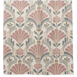 Roze, Crème & Grijs Art Deco Bloemmotief Douchegordijn