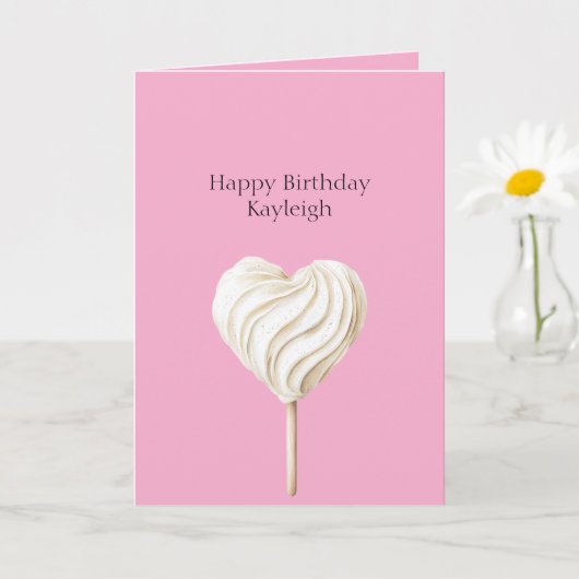 Roze Crème Hart op Stok Verjaardag Kaart (Kleine Plant)