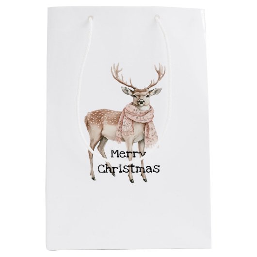 Roze Crème Herten Kerst Medium Cadeauzakje (Voorkant)