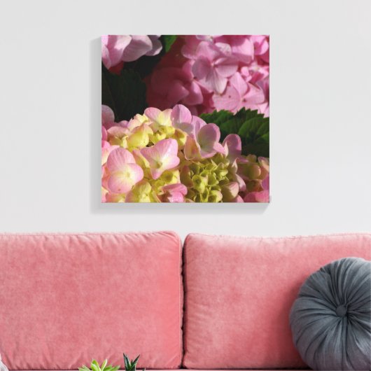 Roze Crème Hydrangeas geel roze groen bloemig Canvas Afdruk (Insitu (Woonkamer))