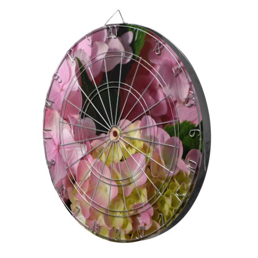 Roze Crème Hydrangeas geel roze groen bloemig Dartbord (Voorkant Rechts)