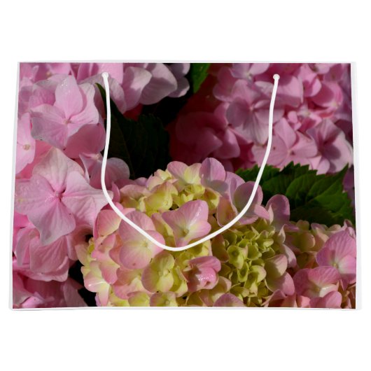 Roze Crème Hydrangeas geel roze groen bloemig Groot Cadeauzakje (Voorkant)