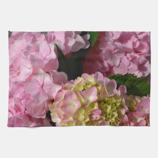 Roze Crème Hydrangeas geel roze groen bloemig Theedoek (Horizontaal)