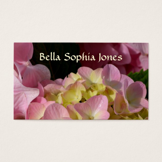 Roze Crème Hydrangeas geel roze groen bloemig Visitekaartjes (Voorkant)