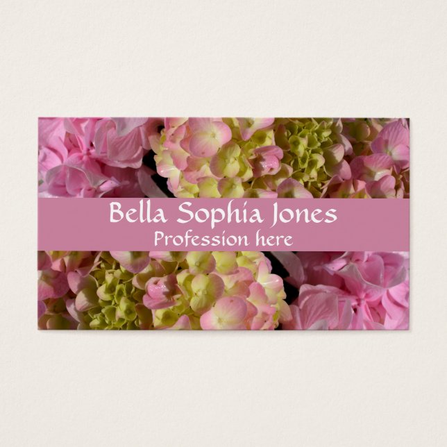 Roze Crème Hydrangeas geel roze groen bloemig Visitekaartjes (Voorkant)