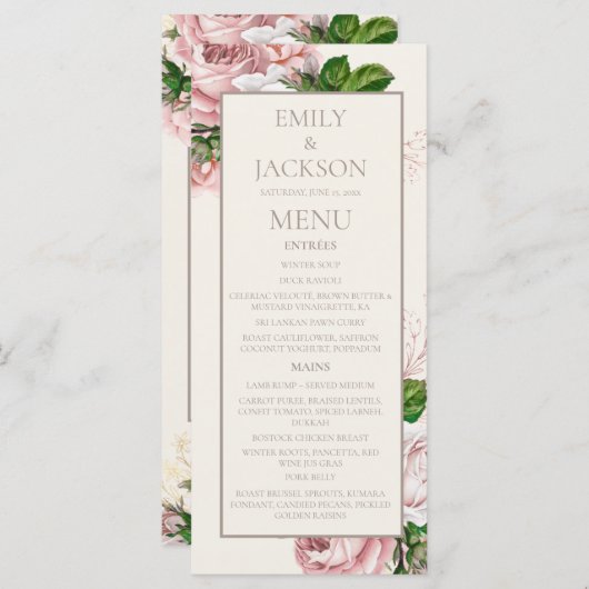 Roze Crème Kleur Bloemige Trouw Menu (Voorkant / Achterkant)