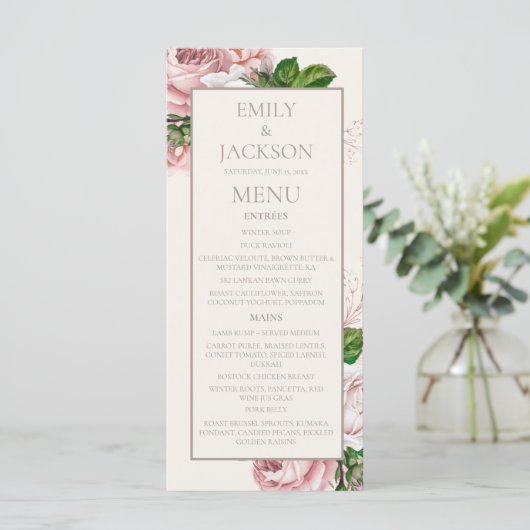 Roze Crème Kleur Bloemige Trouw Menu (Staand voorkant)