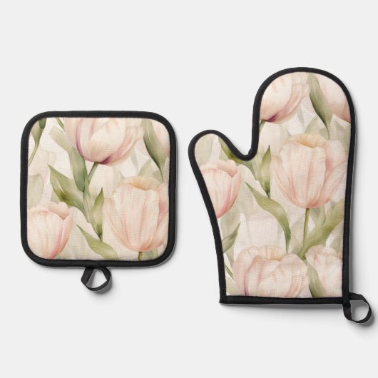 Roze Crème Kleurige Tulp Bloemrijke Bruiloft Showe Ovenwant & Pannenlap Set (Voorkant)