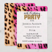 Roze Crème Leopard Goud Glitter Party Kaart (Voorkant / Achterkant)