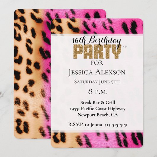 Roze Crème Leopard Goud Glitter Party Kaart (Voorkant / Achterkant)