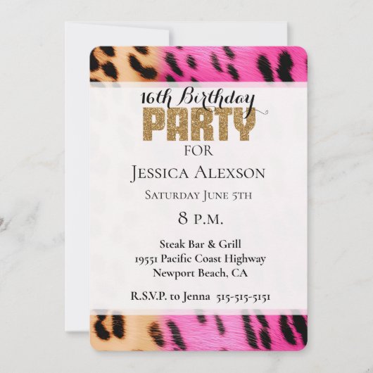 Roze Crème Leopard Goud Glitter Party Kaart (Voorkant)